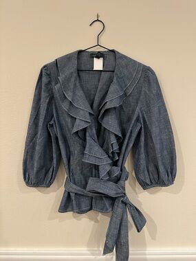 Ralph Lauren Chambray Ruffle Wrap Top - Blue